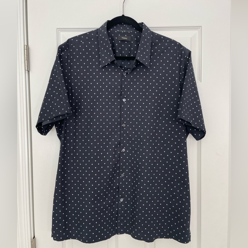Theory Men's Short Sleeve Button Down Shirt Dark Navy Geometric Design Sz XXL